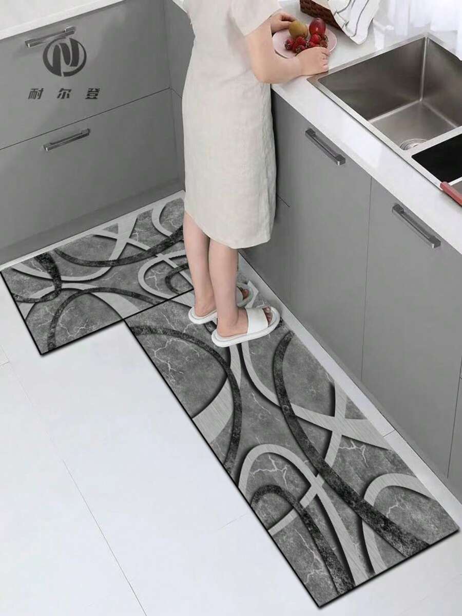 1pc Silica Gel Kitchen Floor Mat, Abstract Geometric Lines In Gray Tones, Curved And Intersecting Lines Combined With Marble-Like Texture, Creating A Simple Yet Modern Visual Effect, Fashionable And Personalized. Soft And Comfortable Underfoot, Quickly Absorbs Water And Oil, Easy To Handle Kitchen Spills. - Multicolor - View 1