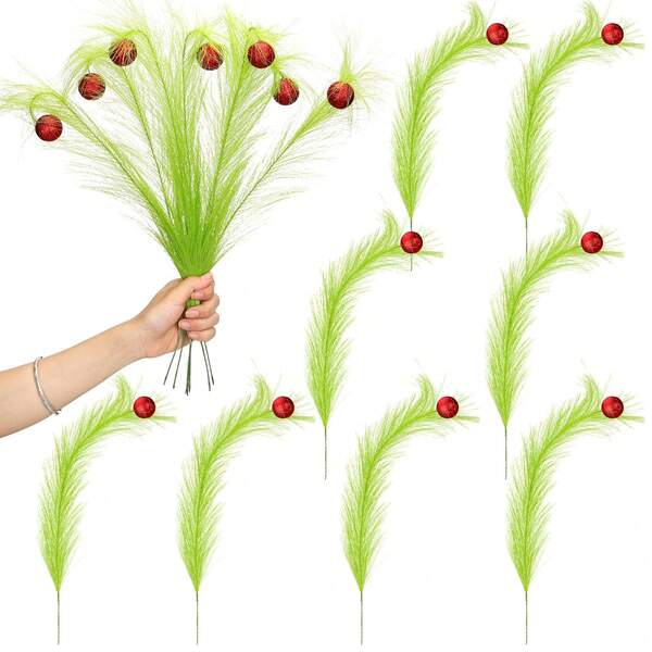 8PCS Elf Picks 16'' Christmas Green Fluffy Branches With Red Glitter Ball Artificial Feather-Like Decorations For Christmas Tree Topper Ornaments Wreath DIY Crafts Floral Arrangement Party Favor Seasonal Decor Home Decor Christmas Decorations Room Decor