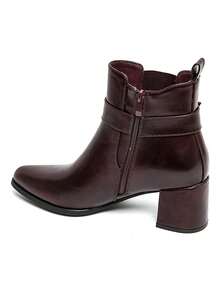 Bottines à talon carré en simili cuir avec bride décorative – noir, marron ou bordeaux - 酒紅色 - 查看 3