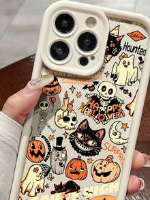 1pc Candle Skull Pumpkin Ghost Halloween Style White Sandstone Phone Case Compatible With Apple 15 14 Pro 13 12 16 11 7 8p Soft Shell - Multicolor - View 2
