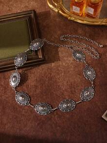 1件装女士金属雕花波西米亚西部风复古腰链，休闲时尚 - 銀大花腰鍊 - 查看 2