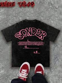 Unique Tailor - (230g Pure Cotton) Men's Retro Pink Text "SONDER" Figure Thinking Pattern Printed T-Shirt, Soft Washed Cotton Round Neck Top, Suitable For Casual - Machine Washed Daily Summer Essentials, Outdoor Clothing, Retro Style, Breathable Fabric, Short Sleeved T-Shirt, Y2K Style - Black - View 3