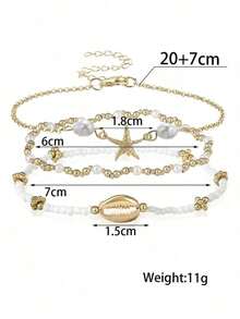 Set de 3 piezas de pulseras de verano con estilo de playa, con estrella de mar y concha de metal y cuentas de vidrio para mujeres - Multicolor - Ver 8
