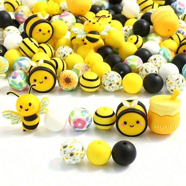 48 3D Bee Spring-Themed Silicone Beads - The Best Decorative Kit For DIY Crafts During Holidays, Suitable For Gifting To Family And Friends, And For Making Jewelry, Keychains, Necklaces, And Bracelets - Black, White, And Yellow Striped Beads.
