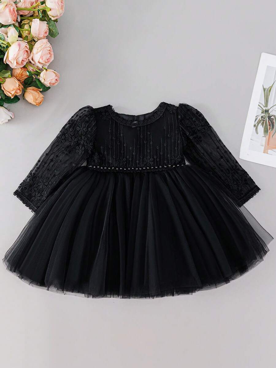 0-2 Years Old Baby Girl Black Floral Embroidery Mesh Party Tulle Dress - Black - View 1