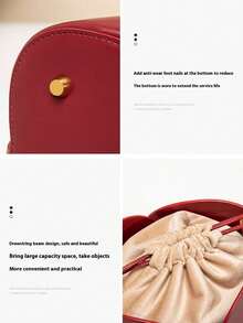 Drawstring Pocket Petal Wine Red New Basket Bucket Bag Niche Design Retro Women's Handbag Ladies Shoulder Crossbody Bag With Anti-Wear Rivets At The Bottom, Suitable For Weddings, Leisure, Daily Social Gatherings And Festivals