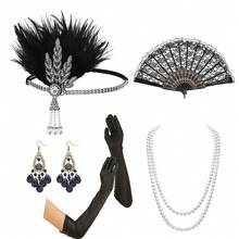 Bộ trang trí tiệc phong cách cổ điển thập niên 1920 - Băng đô lông vũ, vòng cổ ngọc trai, găng tay dài, quạt ren, hoa tai, phụ kiện trang phục nữ, trang phục ngày Valentine. - Nhiều màu - Xem 10