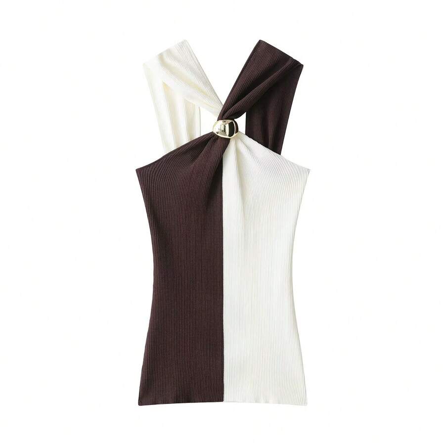 ZEVITY Suéter de cuello halter con parches de colores contrastantes y nudo retorcido, accesorio de metal para mujer