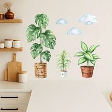Autocollants muraux de plantes vertes en pot à l'aquarelle, autocollants muraux décoratifs en PVC amovibles à grandes feuilles vertes, décoration murale de nuages, décoration de printemps pour la maison, la chambre à coucher, le salon, l'arrière-plan TV, le bureau, la salle de classe, décoration murale