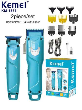 Kemei 2 Pieces Electric Hair Clipper Professional Barber Haircut, Electric Hair Trimmer For Men, Barber Cordless Carving Hair Clipper, Hair Clipper Combination Set Blue Color Grooming Set, Gift For Men