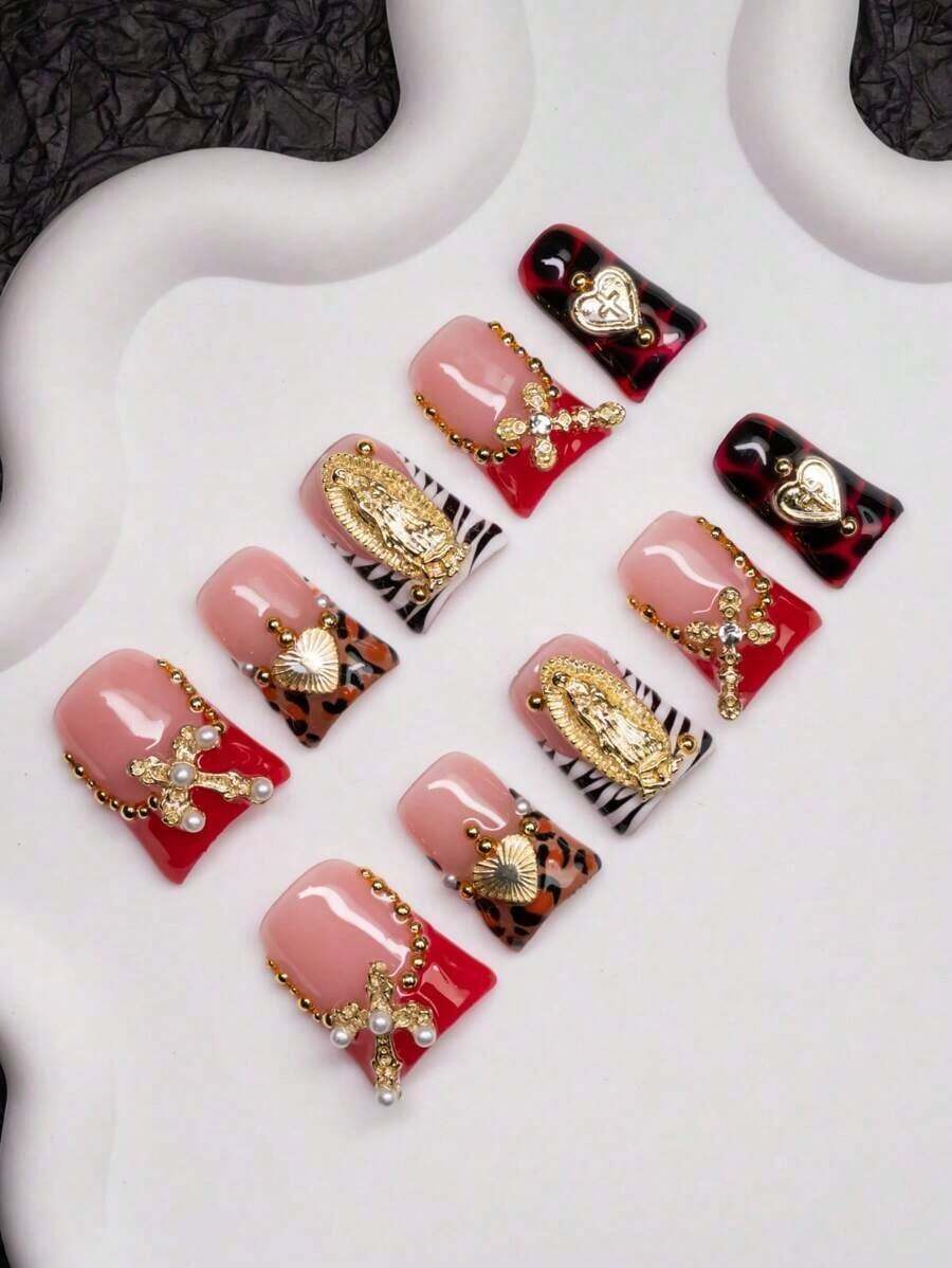 Spring & Summer Duck Mouth Shaped Handmade Y2K Fashion Press-On Nails, Available In, Red, Brown Colors With French Tips, Leopard Print,, Heart Decorations, 10 Pieces/Set With 3 Size Options, Suitable Party, Wedding And Daily Wear, Includes Kit, Great Women & Girls Nail Supplies Nails - Nhiều màu - Xem 1
