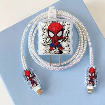 Marvel Marvel 1pc Spider-Man Pattern Fast Charger Protective Lining Compatible With IPhone Charger, Fast Charging 20W - Cable Clip And Wire Protector, Cartoon Design, Suitable For Home, Office And Outdoor Use