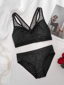 Conjunto de sutiã e calcinha sem aro preto feminino, sutiã e calcinha de malha sexy com patchwork fino e confortável estilo nadador - Preto - Ver 6