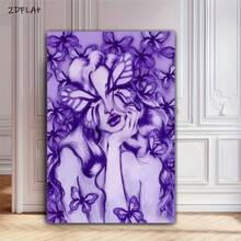 1幅现代紫色蝴蝶女子肖像帆布墙画，适用于卧室、客厅、办公室，不含画框 - 紫色 - 查看 9