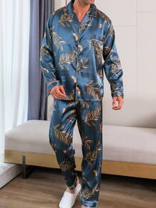 2pcs/Set Men's Floral Print Pajama Set, Long Sleeve Shirt & Long Pants, Loose Fit Sleepwear, Suitable For Spring, Summer, Autumn & Winter - 彩色 - 查看 3
