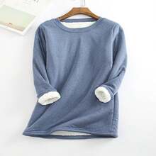 Sudadera de cuello redondo de forro polar para mujeres - Sudadera de invierno cálida con forro de sherpa, ropa de estar suave y cómoda, top térmico de manga larga - #3 - Ver 7
