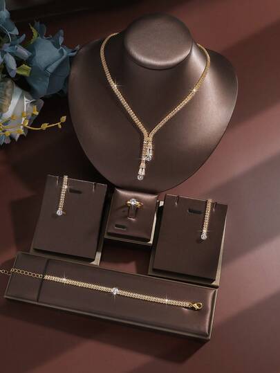 5 件奢华锆石项链、耳环、手链、戒指首饰套装，优雅高端配饰，适合女性日常通勤、宴会、派对