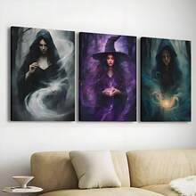 3 pièces Peinture de décoration d'Halloween sorcière de la forêt magique, affiches murales sur canevas, impression haute définition avec cadre en option, affiche rétro de l'académie sombre, décoration murale pour le salon et la chambre à coucher
