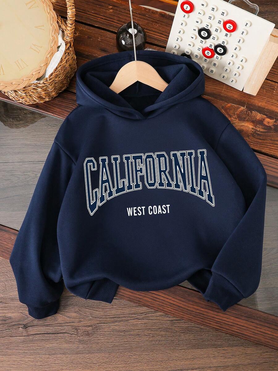 女童休闲日常通勤字母印花落肩宽松保暖抓绒卫衣，秋冬季 - 寶藍色 - 查看 1