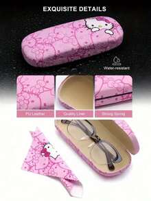 1pc Sanrio Hello Kitty Pink Eyeglass Case - Cute Cat Print, Faux Leather, Durable & Portable Eyewear Storage Box, Includes Cleaning Cloth, Suitable For Eyeglasses, Holiday, Birthday, Christmas Gifts - Multicolor - View 4