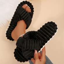 Womens Slippers Open Toe Indoor Memory Foam Slide Cross Band Outdoor - Black - View 4