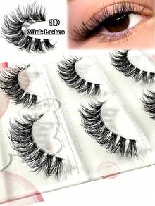 3 对仿貂皮睫毛，3D 透明茎貂皮睫毛，隐形带，天然黑色假貂皮睫毛，全条睫毛可重复使用 - 黑色 - 查看 1