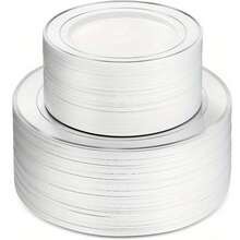 5/10/20/25/50 قطعة أطباق بيضاء بحافة فضية قابلة لإعادة الاستخدام بقطر 7.5 بوصة/10.25 بوصة، مزينة بالذهب، تصميم أبيض وفضي بسيط، مثالية لحفلات راقية، حفلات الزفاف، المناسبات، أعياد الميلاد، المناسبات الرسمية