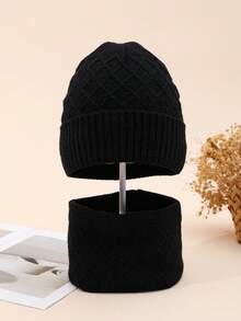 2pcs/Set Solid Color Knit Hat + Scarf, Autumn/Winter Outdoor Sports Fishing Essential, Diamond Pattern Knitted Hat & Scarf Set, Unisex Knitted Blend, Fashion Versatile Winter Beanie & Scarf