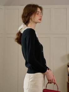 Simple Retro 女士撞色缝线蝴蝶结圆领开衫 - 黑色 - 查看 5