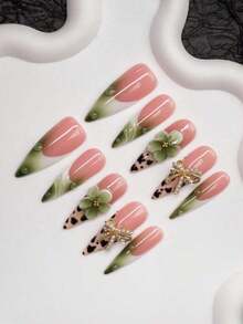 Handmade Almond-Shaped Press-On Nails With Y2K Baddie Style, Featuring Nude, Green, And White Nail Plates With Cream Tip, Tie Dye, Floral Embellishments, Water Drops, And Bow Designs. Designed For Women And Girls, 10Pcs/Set With 3 Size Options, Suitable For Parties, Ceremonies, And Daily Wear. Includes Manicure Tools, Ideal Gift For Ladies And Girls. Nail Supplies Nails(Random Delivery) - 隨機 - 查看 5