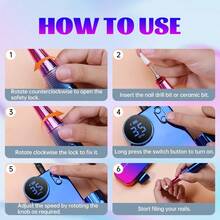 duofu Kit portatile per manicure e pedicure con lima elettrica ad alta velocità, ricaricabile, con 12 testine, 1 spazzola e 56 bande abrasive, set professionale per rimozione cuticole e smalto per unghie, per uso in salone e domestico