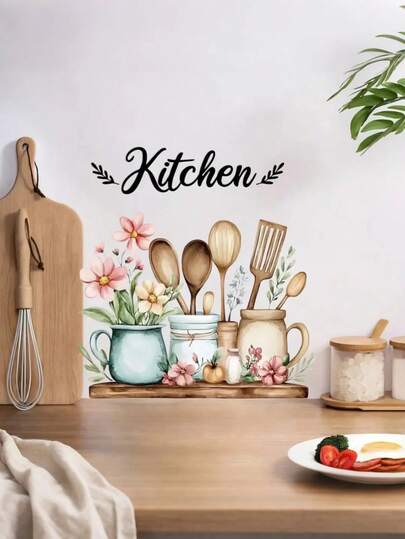 1pc Colorful Creative English Slogan Kitchen Utensils Pattern Self-Adhesive Wall Stickers,Waterproof Decal Stickers,PVC Stickers,Easy To Paste And Remove,For Home Decoration,Bathroom Decoration,Room Stuff,Living Room Decor,Lounge Decor,And Other Areas Decor Wall Decor