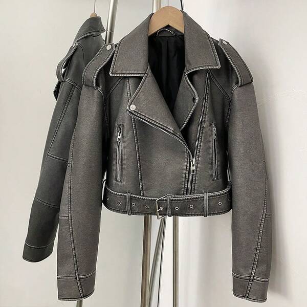 OFTBUY Women's Solid Color PU Leather Zip Pocket Jacket, Suitable For Office, Daily Wear, Airport, Travel, Festivals, Autumn/Winter