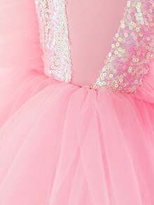 闪亮短袖蝴蝶结拖地公主裙，优雅派对礼服，适合女孩生日派对、花童婚礼、伴娘、舞会、选美比赛、舞台表演等场合 - 粉色 - 查看 7