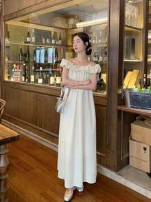 Women Short Dresses - Apricot Dress With Belt - View 4