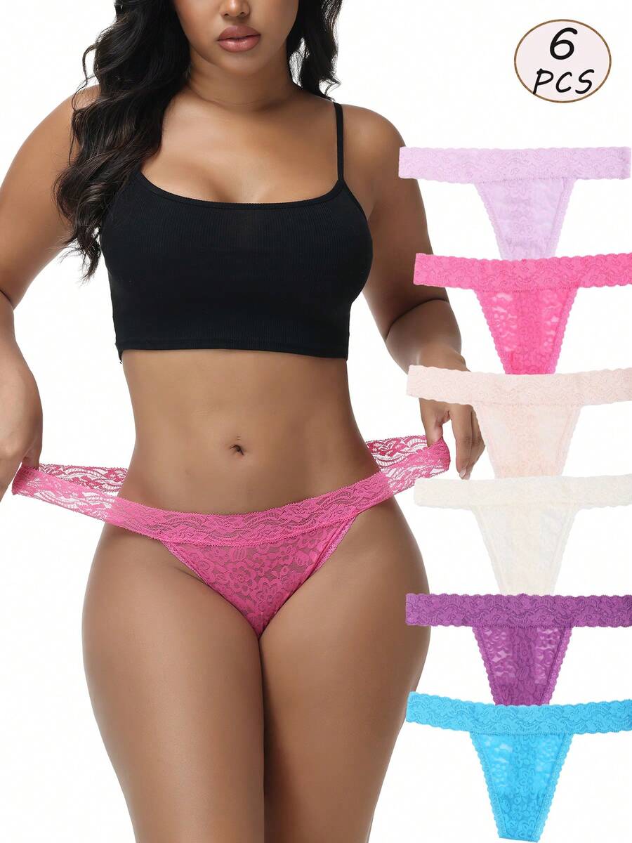 6-Pack Women's Lace Thongs, Dark Underwear With Semi Transparent Design, Soft Comfortable All-Day Wear, Summer - Đầy màu sắc - Xem 1