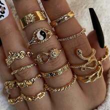 16pcs Vintage Yin Yang, Sun, Moon, Snake, Leaf & Flower Pattern Joint Rings Set