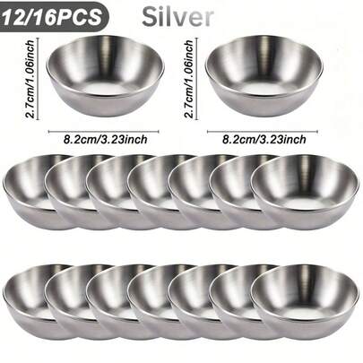 12/16 件不锈钢酱料碗，3.23 英寸（约 8.2 厘米），圆形蘸酱碗，用于盛放莎莎酱、番茄酱、甜点、烧烤、炸鸡、寿司、开胃菜，适用于餐厅、学校、厨房、露营