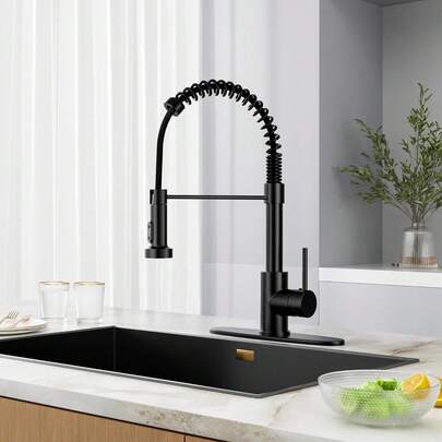 Senlesen Grifo de Cocina con Rociador Desplegable,Negro Mate,360° Giratorio Llaves para Fregadero de Cocina,Grifos Comerciales de Fregadero de Cocina ,Con placa de cubierta de 10 pulgadas, Monomando, 2 Modos Pulverización,1 o 3 Orificios,Una Manera para Camper de Granja,Utilidad de cocinas, comedores,Lavanderia,Fregaderos de Barra Humeda Rv.   Cocina Prodectos,Cocina Accessories