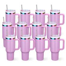 12 Pack 40oz Glossy Coating Rainbow Plated Tumbler With Removable Handle With Lid And Straw, Stainless Steel Double Wall Insulated Cup For Laser Engraving Tumbler, For Travel Camping Water Bottle, It's Available In A Choice Of Colours - 粉色 - 查看 1