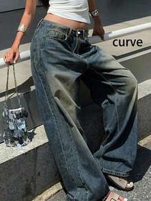 Plus Size Retro Casual Loose Straight Leg Denim Maxi Pants, Fashion & Versatile