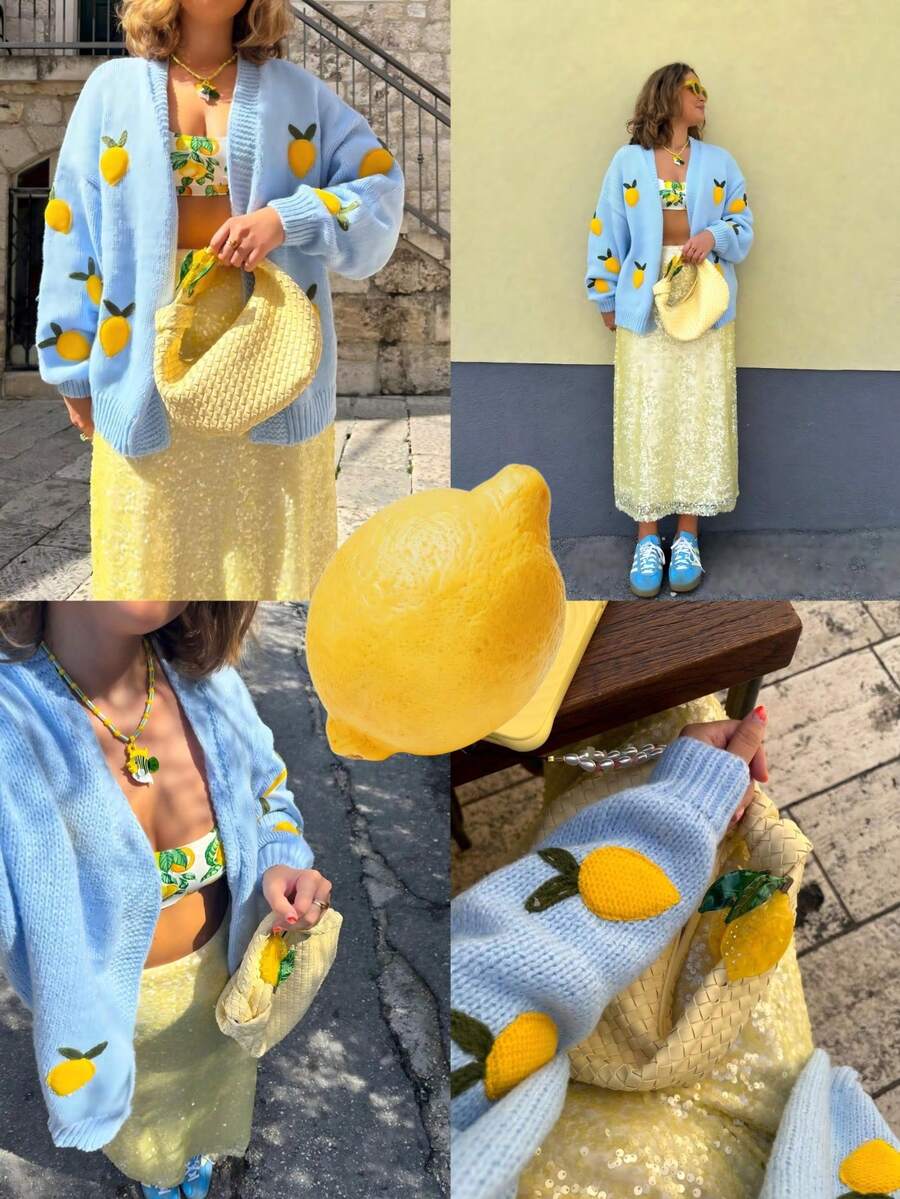 2025 New Fashion V-Neck Sweet Loose 3D Embroidered Lemon Graphic Knit Cardigan Sweater Jacket, Women Modest, Party, Y2K, Going Out, Concert, Date Night Tops - Blue - View 1