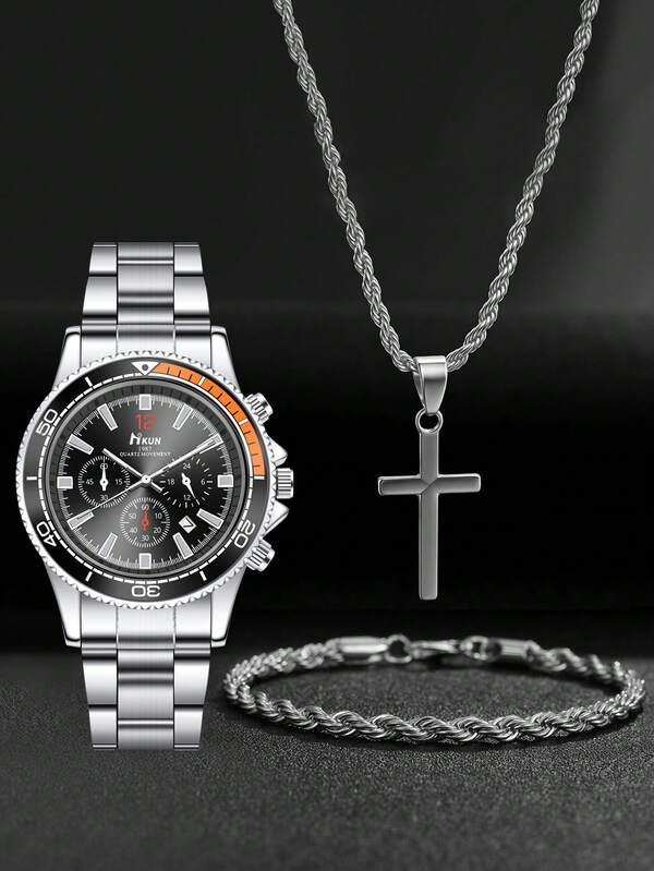 3 pièces/set Montre à quartz mode et pour hommes décontractés avec collier et bracelet, styles multiples, cadeau parfait pour Thanksgiving, la rentrée, Noël, anniversaire et autres occasions