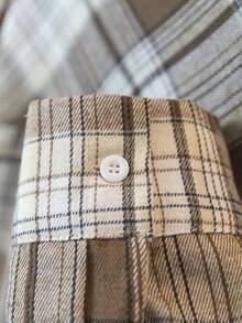 1 件格子编织面料前扣口袋长袖翻领格纹衬衫，优雅休闲百搭，适合日常、学校、所有季节 - 卡其色 - 查看 7