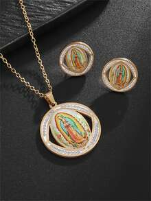 1 Set Vintage Guadalupe Jungfrau Maria Anhänger Halskette & Ohrringe Edelstahl Schmuckset, Glücksbringer Accessoires für den täglichen Gebrauch, Partys, Madras, Weihnachten, Halloween