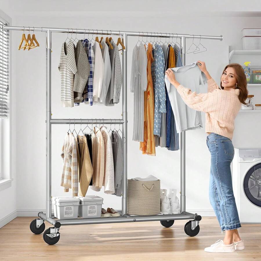 Heavy-Duty Commercial Garment Rack With Wheels 450 LB Capacity Rolling Clothing Rack, Durable Steel Storage Rack For Industrial Or Retail Use, Silver - Bạc - Xem 1