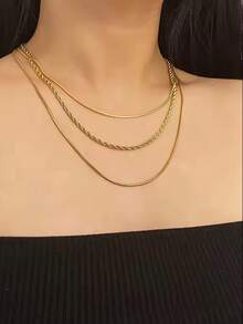 Unisex Stainless Steel Layered Twisted Chain Necklace Minimalist Fashion Jewelry - Gold - View 3