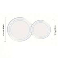 5/10/20/25/50 قطعة أطباق بيضاء بحافة فضية قابلة لإعادة الاستخدام بقطر 7.5 بوصة/10.25 بوصة، مزينة بالذهب، تصميم أبيض وفضي بسيط، مثالية لحفلات راقية، حفلات الزفاف، المناسبات، أعياد الميلاد، المناسبات الرسمية