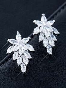 2pcs Symmetric Leaf Stud Earrings Women Cubic Zirconia Earrings Bridal Wedding Elegant Jewelry Gift For Birthday Anniversary Engagement - ET-480 Silver - View 8