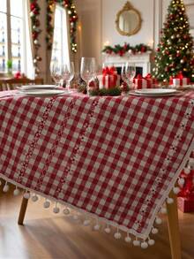 1pc Red Plaid Woven Tablecloth, Vintage American Country Style With Tassel Design, Suitable For Kitchen, Coffee Table, TV Cabinet, Entryway, Versatile For Daily Use, Holidays, Christmas, Home Decor, Family Gatherings, Birthday Parties, Weddings, Banquets - Red - View 6